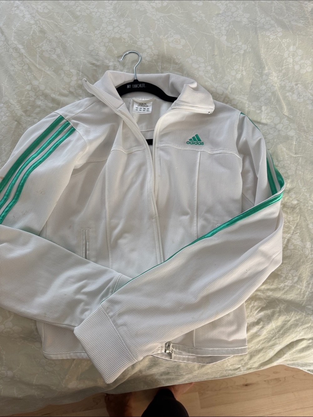 adidas White Track Jacket with Mint Green Stripe Accents USA S